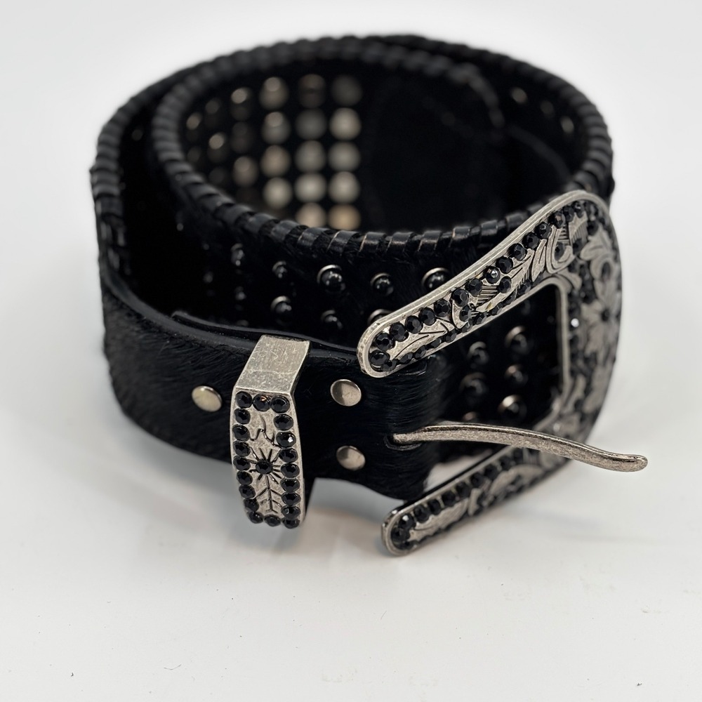 Hair on Hide Belt Women L/XL Black Rhinestone Studded Whipstitch Western New